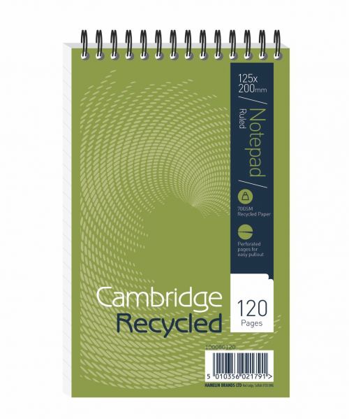 Cambridge Recycled Shorthand Pad Wirebound 70gsm Ruled Perf 120pp 125x200mm Green Ref 100080120 [Pack 10]