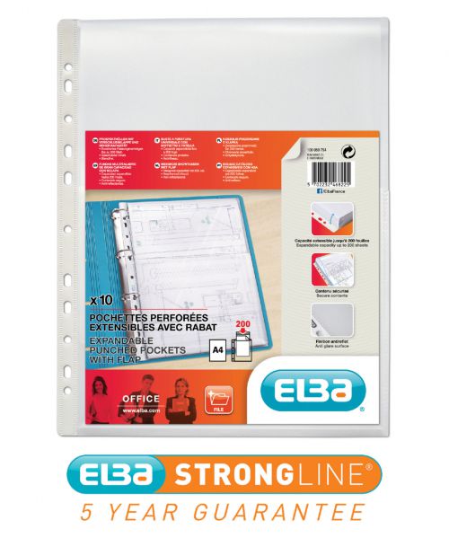 Elba Expanding Pocket Extra Capacity with Flap Multipunched A4 Clear 10080754 [Pack 10]