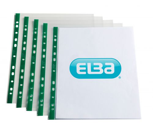 Elba Punch Pocket Green Spine A4 Clear (Pack of 100) 400002137