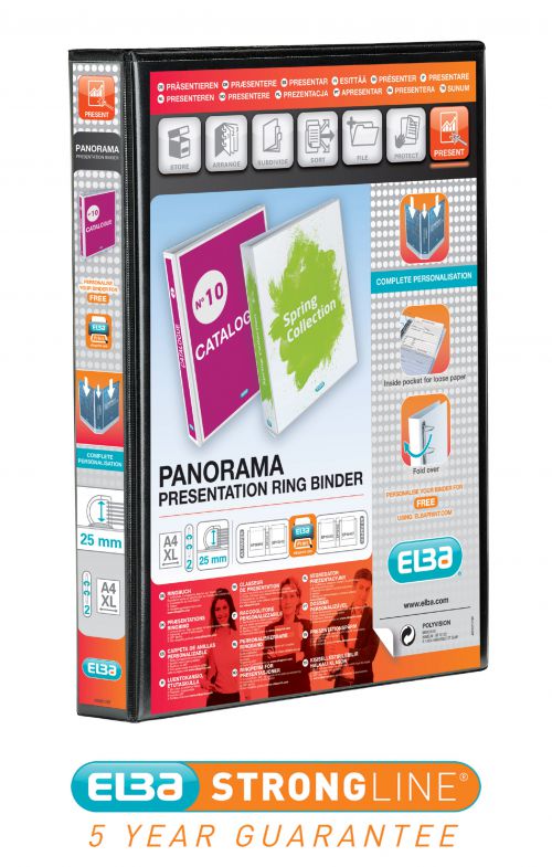 Elba Panorama 25mm 2 D-Ring Pres Binder A4 Black (Pack of 6) 400008411