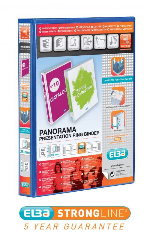 Elba Panorama Presentation Ring Binder 25mm Capacity 40mm Spine A4+ 2 D-Ring Blue (Pack 6) 400008412