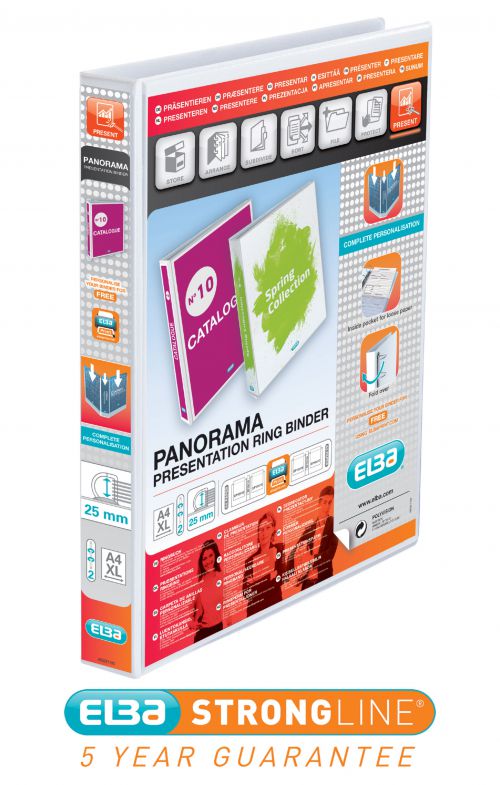 Elba Panorama Presentation Ring Binder 25mm Capacity 40mm Spine A4+ 2 D-Ring White (Pack 6) 400008413