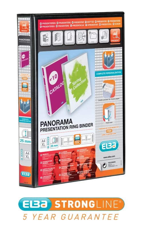 Elba Panorama Presentation Ring Binder Polypropylene 4 D-Ring A4+ 25mm Rings Black (Pack 6) - 400008414