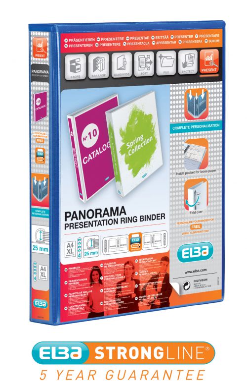 Elba Panorama Presentation Ring Binder Polypropylene 4 D-Ring A4+ 25mm Rings Blue (Pack 6) - 400008415 18656HB