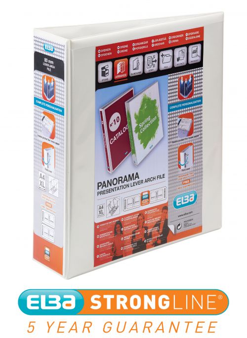 Elba Panorama Presentation Lever Arch File Polypropylene A4 70mm Spine Width A4 White (Pack 5) - 400008436