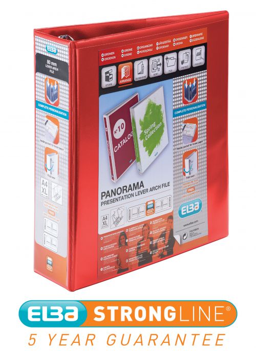 Elba Panorama Presentation Lever Arch File Polypropylene A4 70mm Spine Width A4 Red (Pack 5) - 400008437