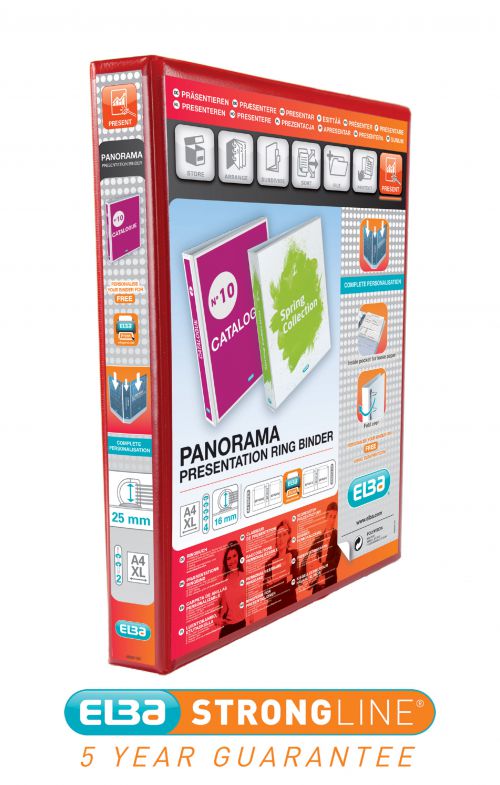 Elba Panorama Presentation Ring Binder PP 2 D-Ring 25mm Capacity A4 Red Ref 400008676 [Pack 6]