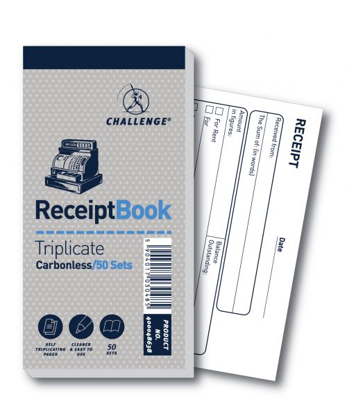 Challenge 140x70mm Triplicate Receipt Book Carbonless 1-50 Taped Cloth Binding 50 Sets (Pack 10)  18908HB