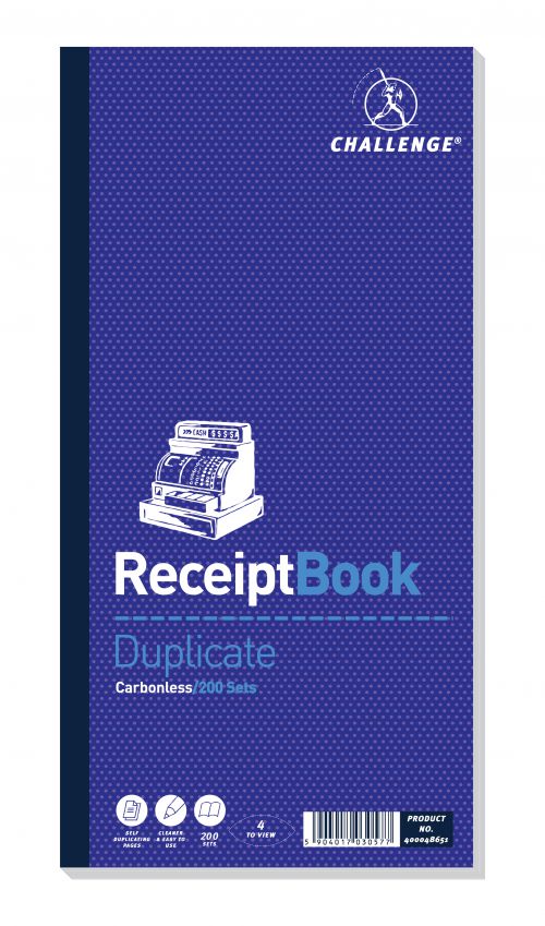 Challenge Duplicate Book Carbonless Receipt Book 4 Sets per Page 200 Sets 280x141mm Ref 400048651