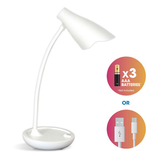 The Unilux Ukky LED Desk Lamp in white is portable due to its wireless feature and low weight of 190g, making it easily transportable from one workspace to another. Suitable for direct connection to a USB port with a 1m cord (supplied) or via x3 AA batteries (not supplied). With an fully flexible arm to enable adjustable lighting, the lamp also features light intensity variation offering stable light quality without flicker or glare. Complete with a 2 year guarantee.