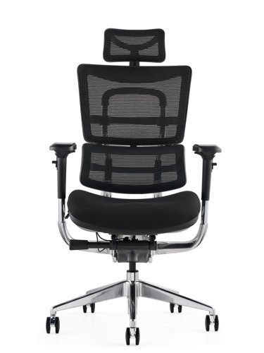 i29 Ergonomic Polished Knee Tilt Mechanism Black Soft Weave Back & Upholstered Seat Chair with Ergonomic Head Rest & 4D Adjustable Arms