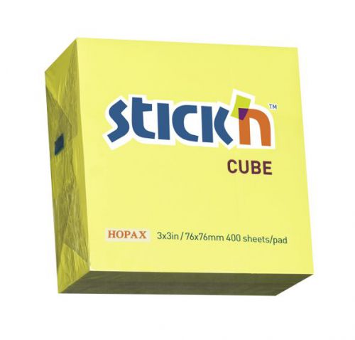 Stick n Notes Repositional Sticky Notes Neon Yellow Cube of 400 Sheets 76x76mm 21010