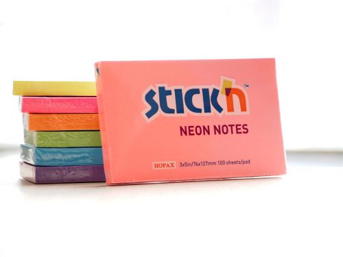 Stickn Adh Note 76x127mm Neon Astd Pack 12 - 468-21334
