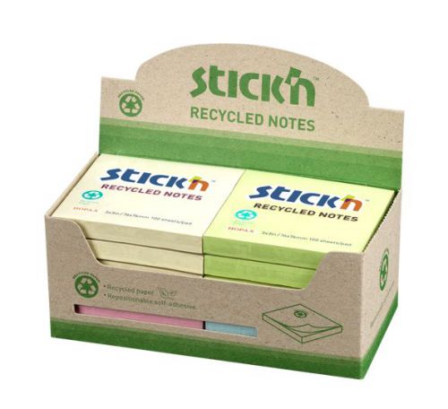 Stickn Recycled Sticky Notes 76x76mm 100 Sheets Per Pad Assorted Colours (Pack 12) - 21433WP