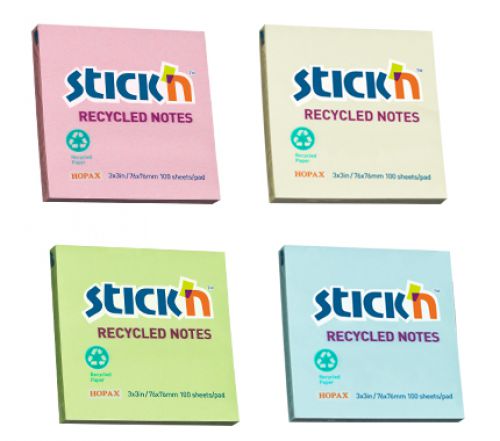 Stickn Recycled Sticky Notes 76x76mm 100 Sheets Per Pad Assorted Colours (Pack 12) - 21433WP  11528HP