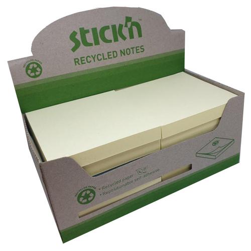 Stickn Repositionable Notes 76x76mm Recycled 100 Sheets Yellow (Pack 12) 21795