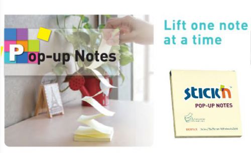 Stick'n offers a variety of innovative self-adhesive and repositionable products. We develop our commitment to the slogan, "Sticking Close to You", which reflects the essence of our brand promise: - to provide creative products that can change how we live our lives and the way we communicate.Pop-up Notes are fan folded, so each sheet pops up one after another. With a dispenser, you can easily take one note at a time. Makes note-taking more convenient. 