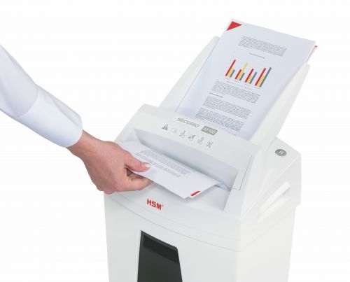 2063811 | The simple and convenient method of data destruction in the workplace. The document shredder with an automatic paper feed shreds stacks of paper with up to 150 sheets as well as single sheets of paper effortlessly whilst saving you time.
