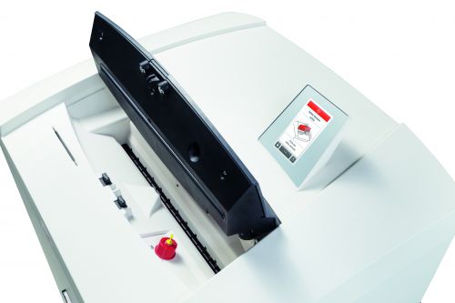 1872121C | The top document shredder of the HSM SECURIO line with IntelligentDrive and touch display. This powerhouse with 205 litres of collection volume reliably processes large amounts of paper and is therefore optimal as a department document shredder.