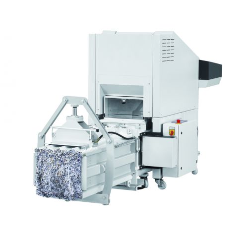 With this waste disposal station, HSM combines the large document shredder FA 500.3 with a channel baling press. It is therefore particularly perfect for use in archives or central stations for document shredding, even in large quantities, which are then compressed into bales of up to 90 kg as needed.