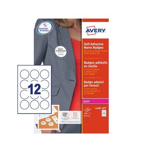Avery L4781-20 Self-Adhesive Name Badges Ã˜51mm 12 Badges Per Sheet 240 Badges Per Pack