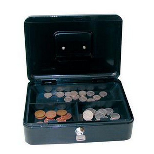 Cash Box with Simple Latch and 2 Keys Plus Removable Coin Tray 150mm Black Petty Cash Boxes CS9194