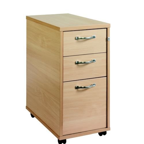 3 Drawer Tall Narrow Locking Mobile Pedestal With Handles Beech 300Wx600Dx630H