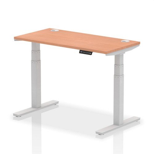 Air 1200 x 600mm Height Adjustable Office Desk Beech Top Cable Ports Silver Leg
