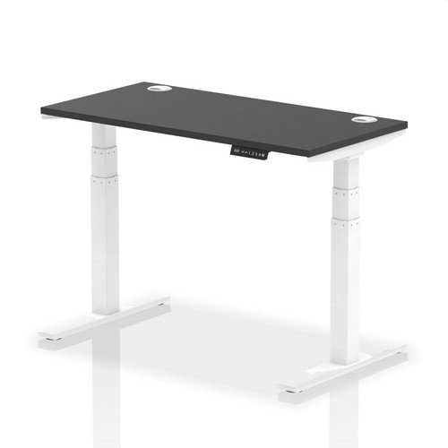 Air 1200 x 600mm Height Adjustable Office Desk Black Top Cable Ports White Leg