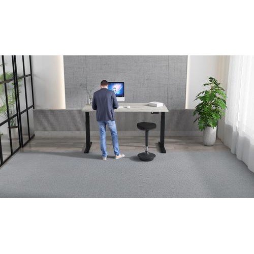 Air 1200 x 600mm Height Adjustable Office Desk Grey Oak Top Cable Ports Black Leg