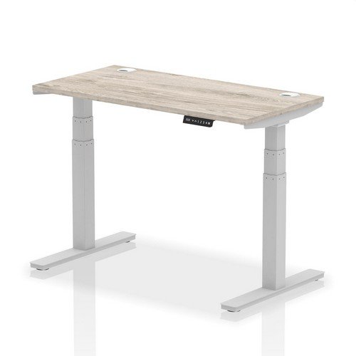 Air 1200 x 600mm Height Adjustable Office Desk Grey Oak Top Cable Ports Silver Leg