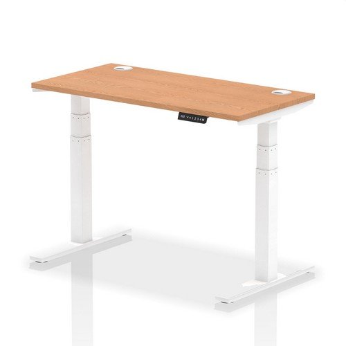 Air 1200 x 600mm Height Adjustable Office Desk Oak Top Cable Ports White Leg