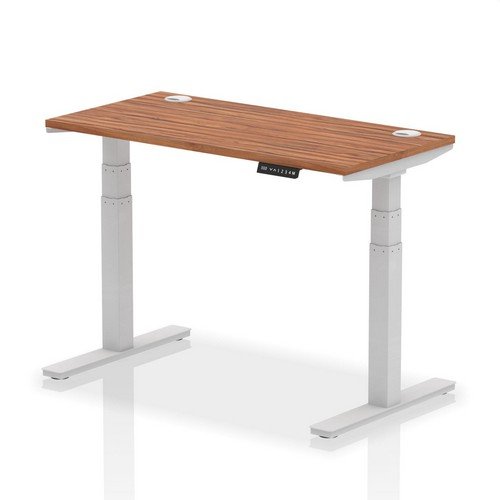 Air 1200 x 600mm Height Adjustable Office Desk Walnut Top Cable Ports Silver Leg
