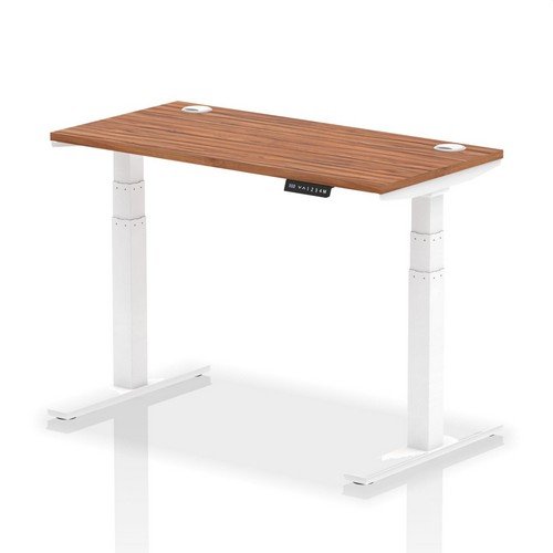 Air 1200 x 600mm Height Adjustable Office Desk Walnut Top Cable Ports White Leg