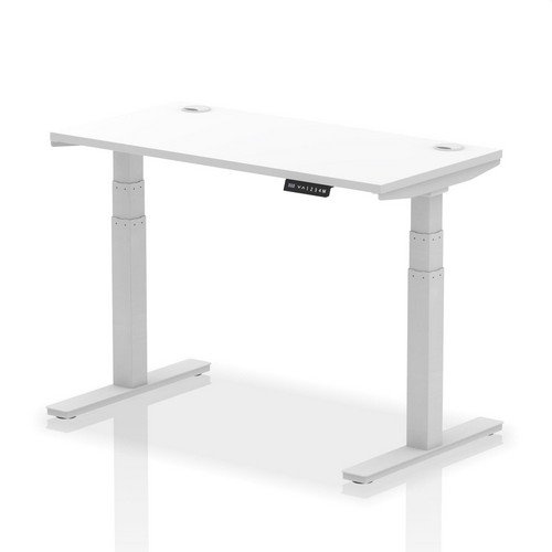 Air 1200 x 600mm Height Adjustable Office Desk White Top Cable Ports Silver Leg