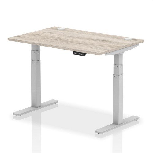 Air 1200 x 800mm Height Adjustable Office Desk Grey Oak Top Cable Ports Silver Leg