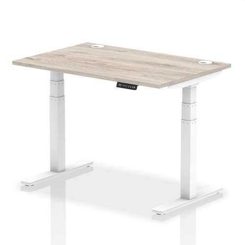 Air 1200 x 800mm Height Adjustable Office Desk Grey Oak Top Cable Ports White Leg