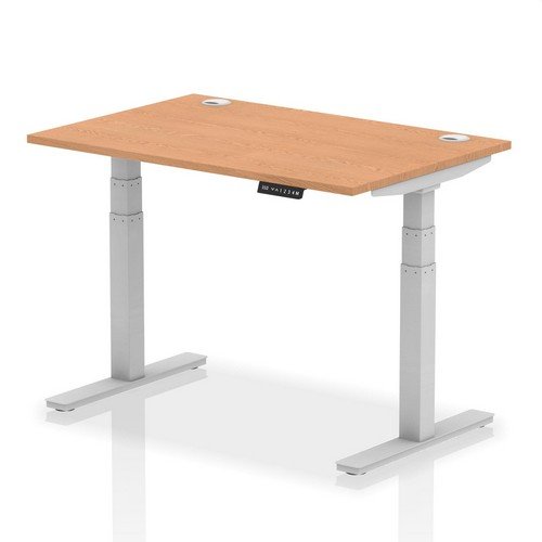 Air 1200 x 800mm Height Adjustable Office Desk Oak Top Cable Ports Silver Leg