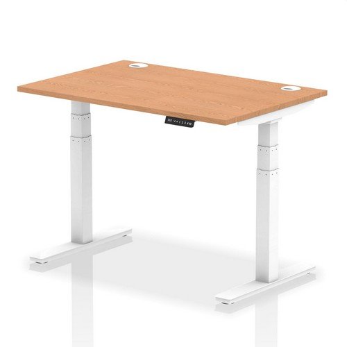 Air 1200 x 800mm Height Adjustable Office Desk Oak Top Cable Ports White Leg