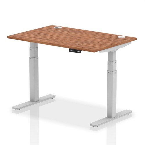 Air 1200 x 800mm Height Adjustable Office Desk Walnut Top Cable Ports Silver Leg