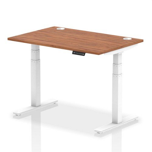 Air 1200 x 800mm Height Adjustable Office Desk Walnut Top Cable Ports White Leg