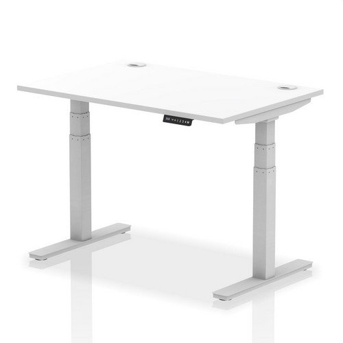 Air 1200 x 800mm Height Adjustable Office Desk White Top Cable Ports Silver Leg