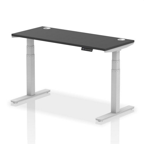 Air 1400 x 600mm Height Adjustable Office Desk Black Top Cable Ports Silver Leg