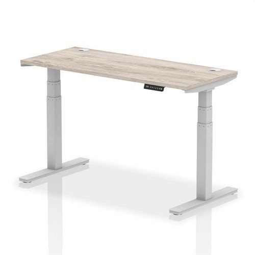 Air 1400 x 600mm Height Adjustable Office Desk Grey Oak Top Cable Ports Silver Leg