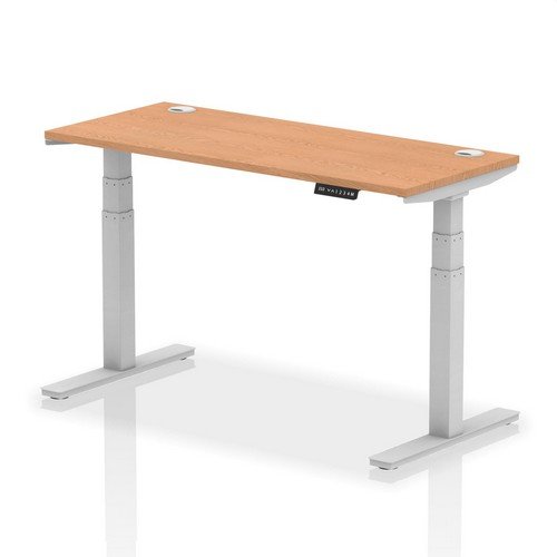 Air 1400 x 600mm Height Adjustable Office Desk Oak Top Cable Ports Silver Leg
