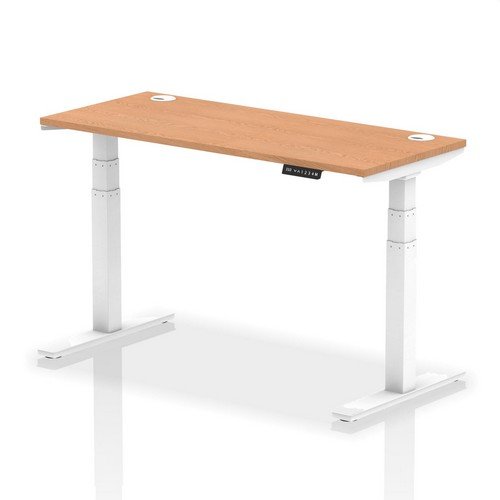 Air 1400 x 600mm Height Adjustable Office Desk Oak Top Cable Ports White Leg