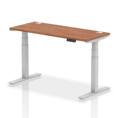 Air 1400 x 600mm Height Adjustable Office Desk Walnut Top Cable Ports Silver Leg