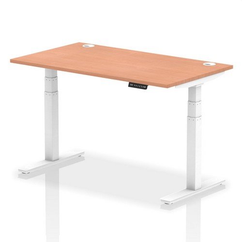 Air 1400 x 800mm Height Adjustable Office Desk Beech Top Cable Ports White Leg