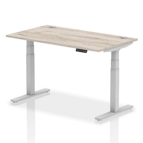 Air 1400 x 800mm Height Adjustable Office Desk Grey Oak Top Cable Ports Silver Leg