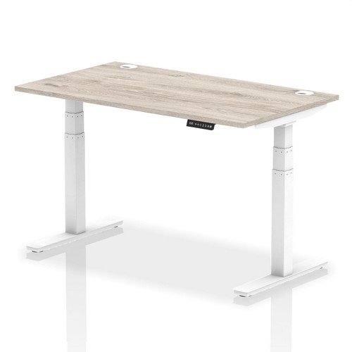 Air 1400 x 800mm Height Adjustable Office Desk Grey Oak Top Cable Ports White Leg